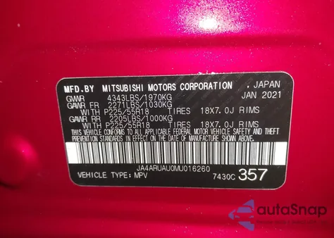 2021 Mitsubishi Outlander Sport 2.0 Be Awc/2.0 Es Awc/2.0 Le Awc/2.0 Se Awc z USA, uszkodzony, nr VIN JA4ARUAU0MU016260